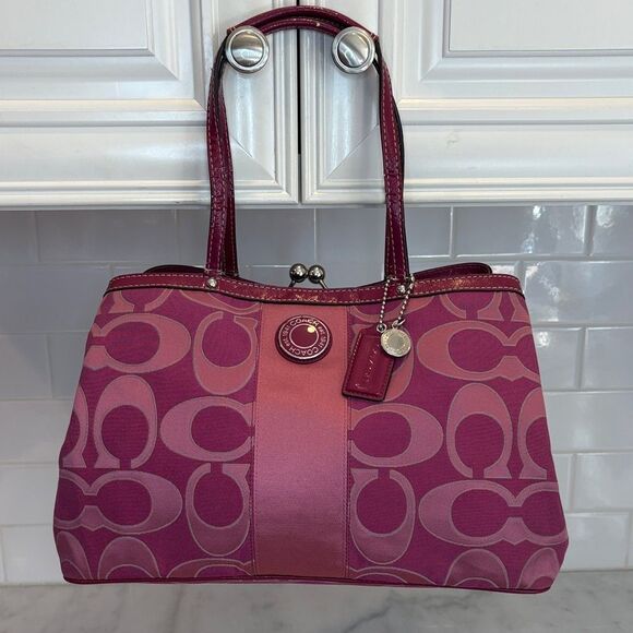 Coach Handbags - Coach Bag Purse Handbag Signature Stripe Kiss Lock Carryall Satchel Tote Bag